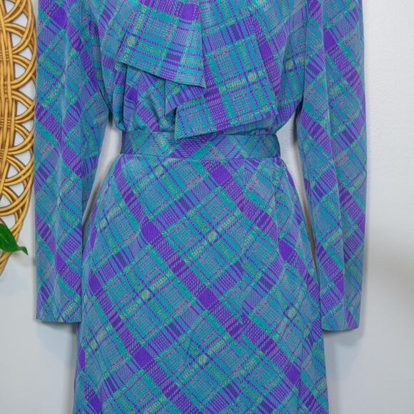 Vtg 11 Shona Dress 80s Plaid 2 Pc Set Blouse Skirt Jewel Tone | Bright Winter - Picture 5 of 16